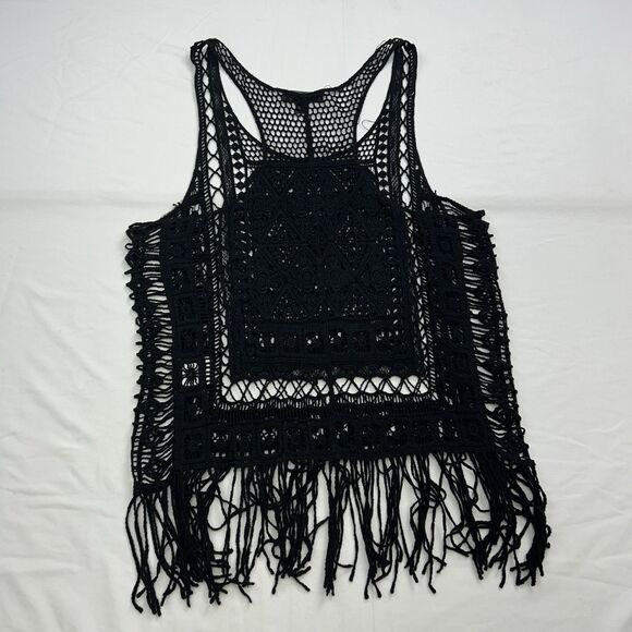 JJ Basics Crochet Tank Top Small Black Fringe Boho Hippie Y2K Beach Cotton - Picture 3 of 10